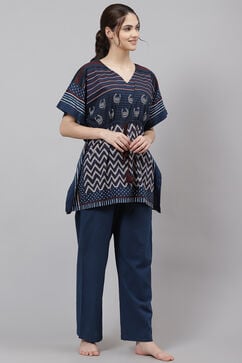 Navy Straight Cotton Two Piece Printed Sleepwear Set image number 5
