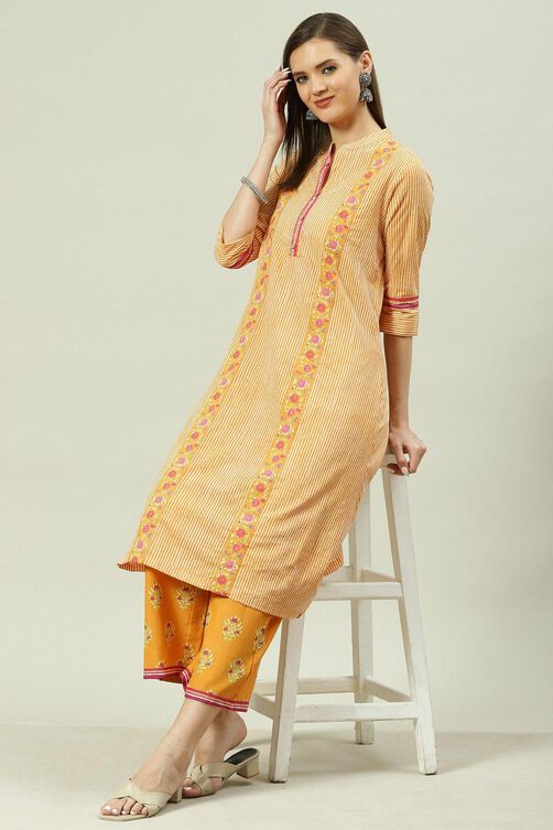 Yellow Printed Cotton A-Line Kurta Palazzo Suit Set image number 0