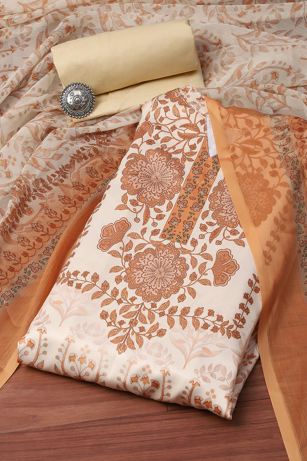 Beige Cotton Screen Print Unstitched Suit Set image number 9