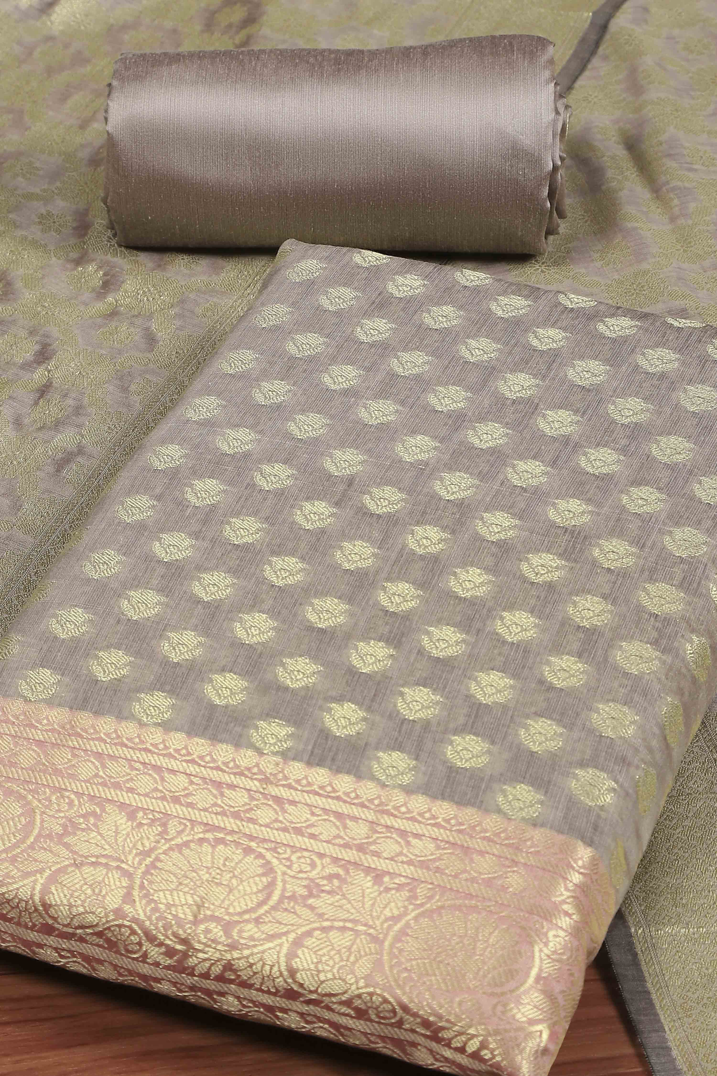 Grey Cotton Printed Embroidered Unstitched Suit Set image number 1
