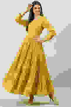 Mustard Cotton Flared Printed Dress image number 0
