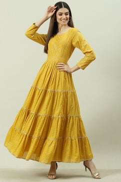 Mustard Cotton Flared Printed Dress image number 0