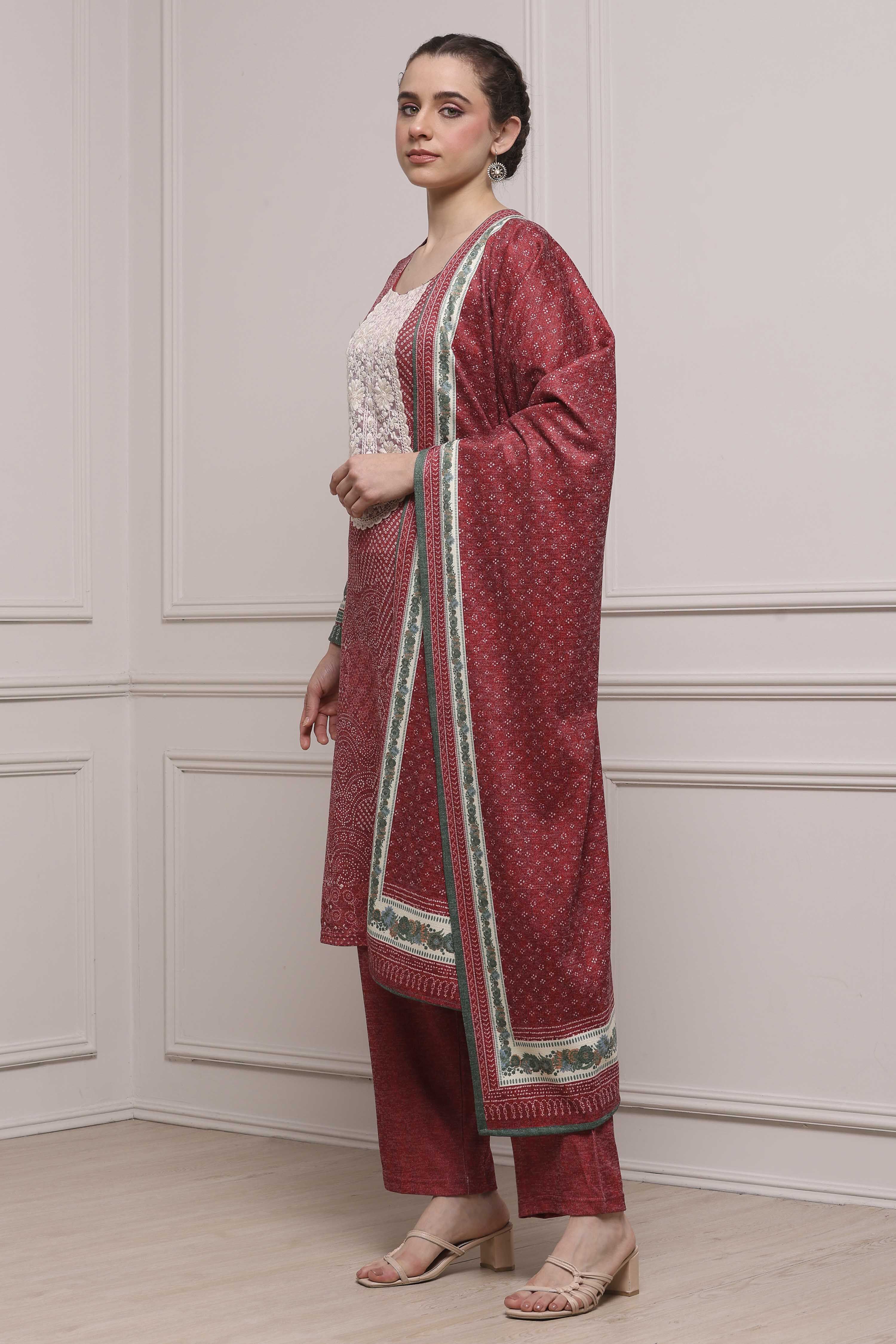 Black Printed Straight Winter Suit Set image number 3