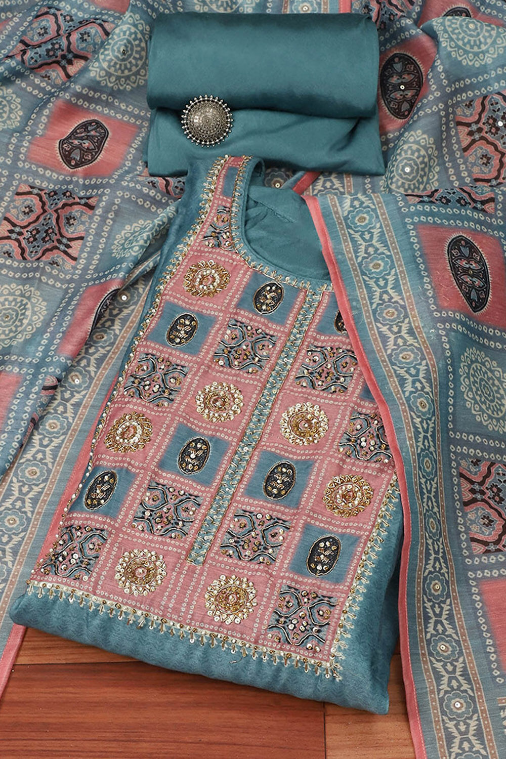 Peach Chanderi Machine Embroidered Unstitched Suit Set image number 0