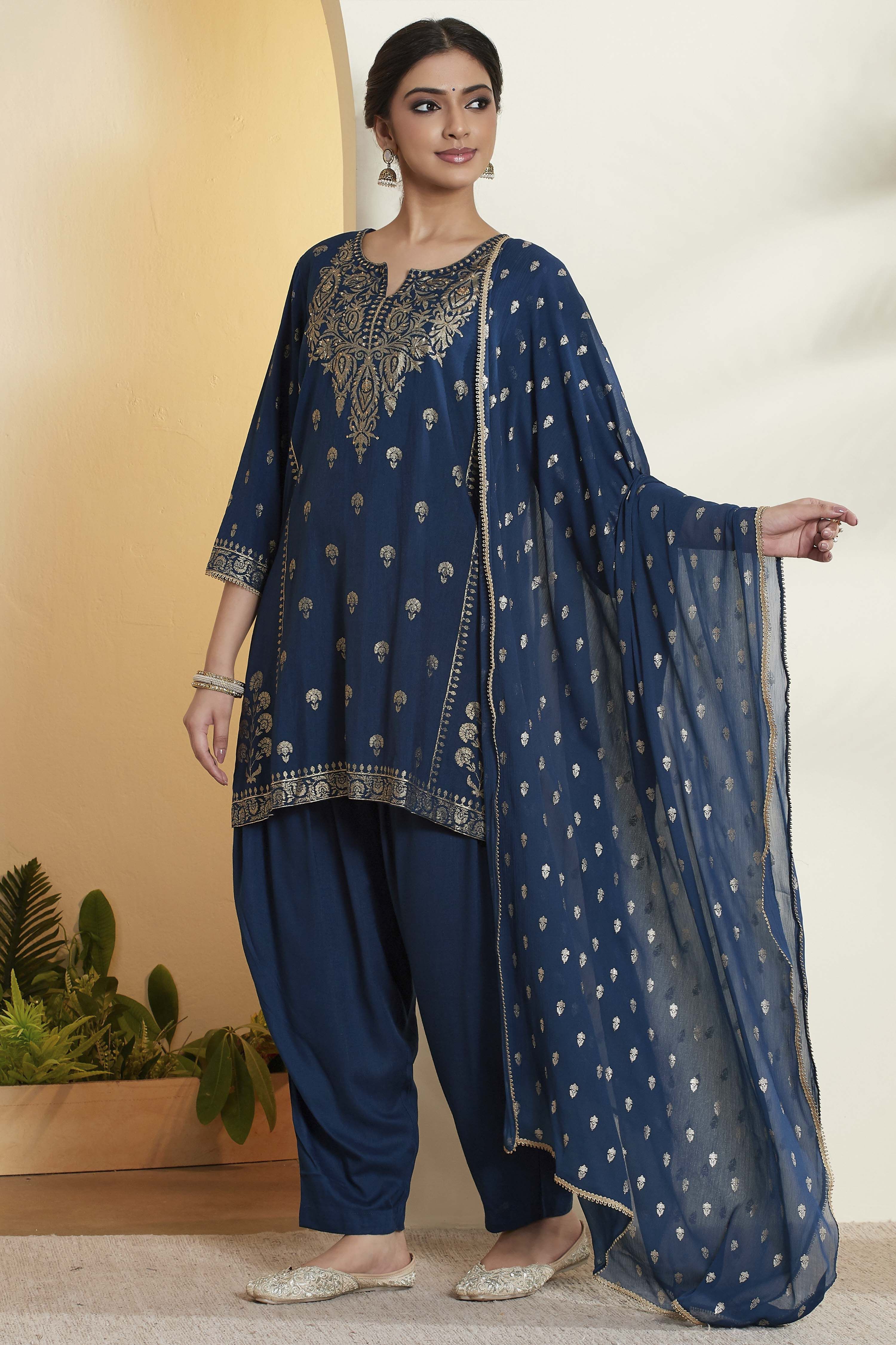 Blue Viscose Blend Straight Suit Set image number 4