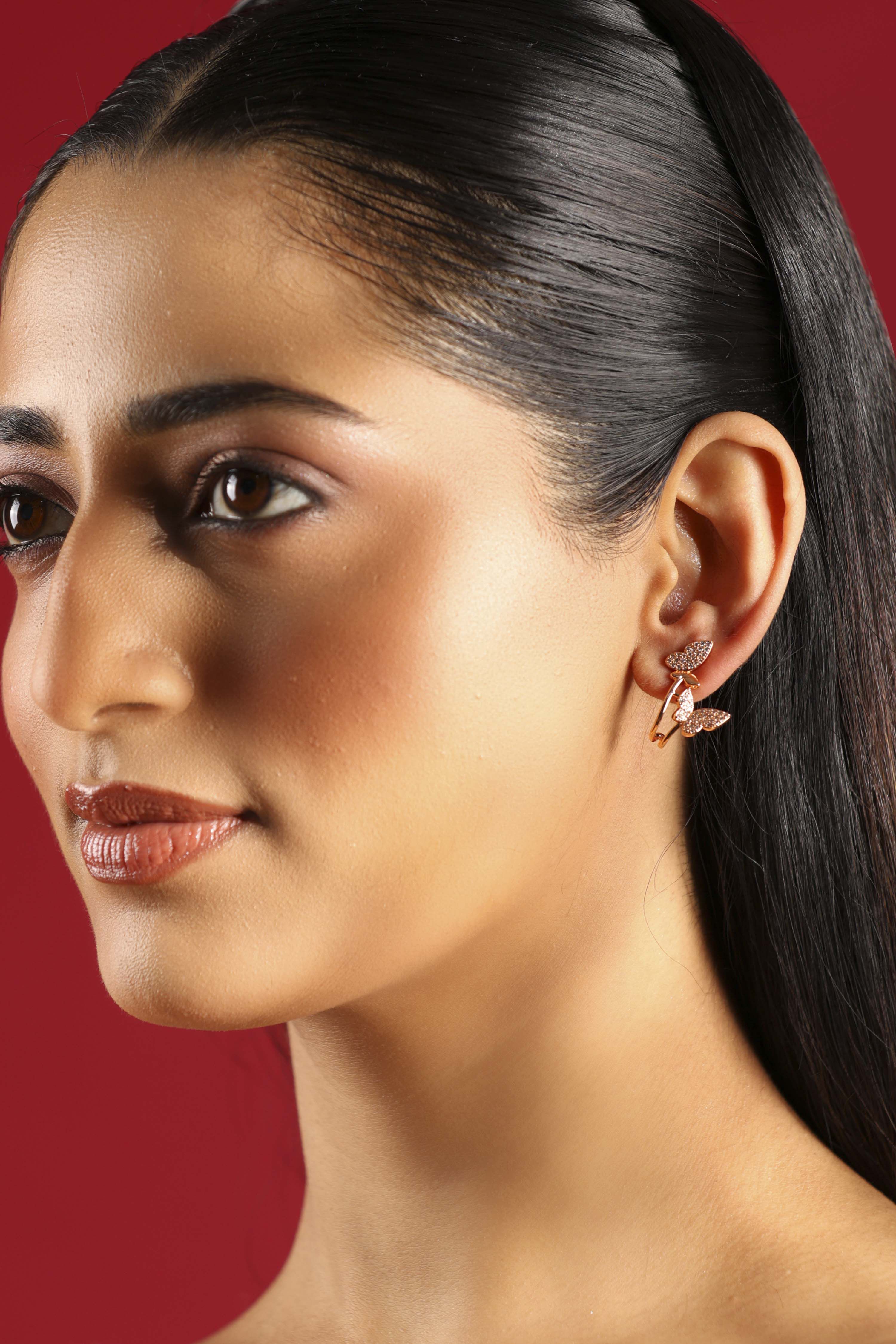 Rose Gold Plated Brass Butterfly-Shaped Studded Earrings image number 3