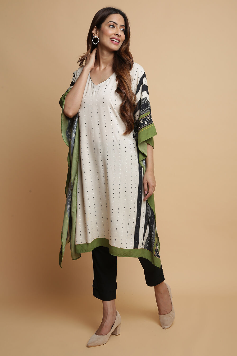 Cream And Black Rayaon Straight Kurta Pant Suit Set image number 0