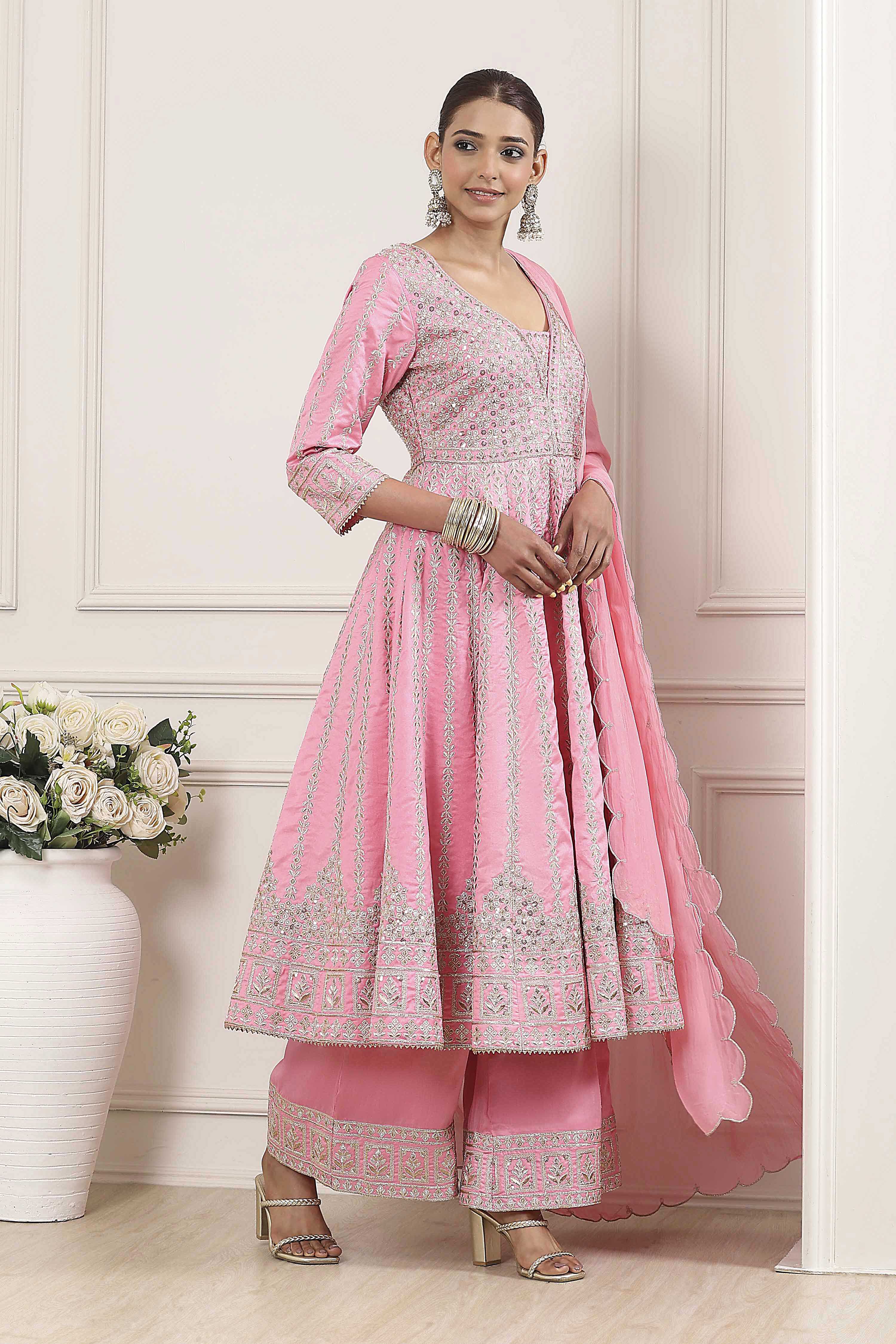 Rose Pink Cotton Silk Embroidered Anarkali Suit Set image number 0
