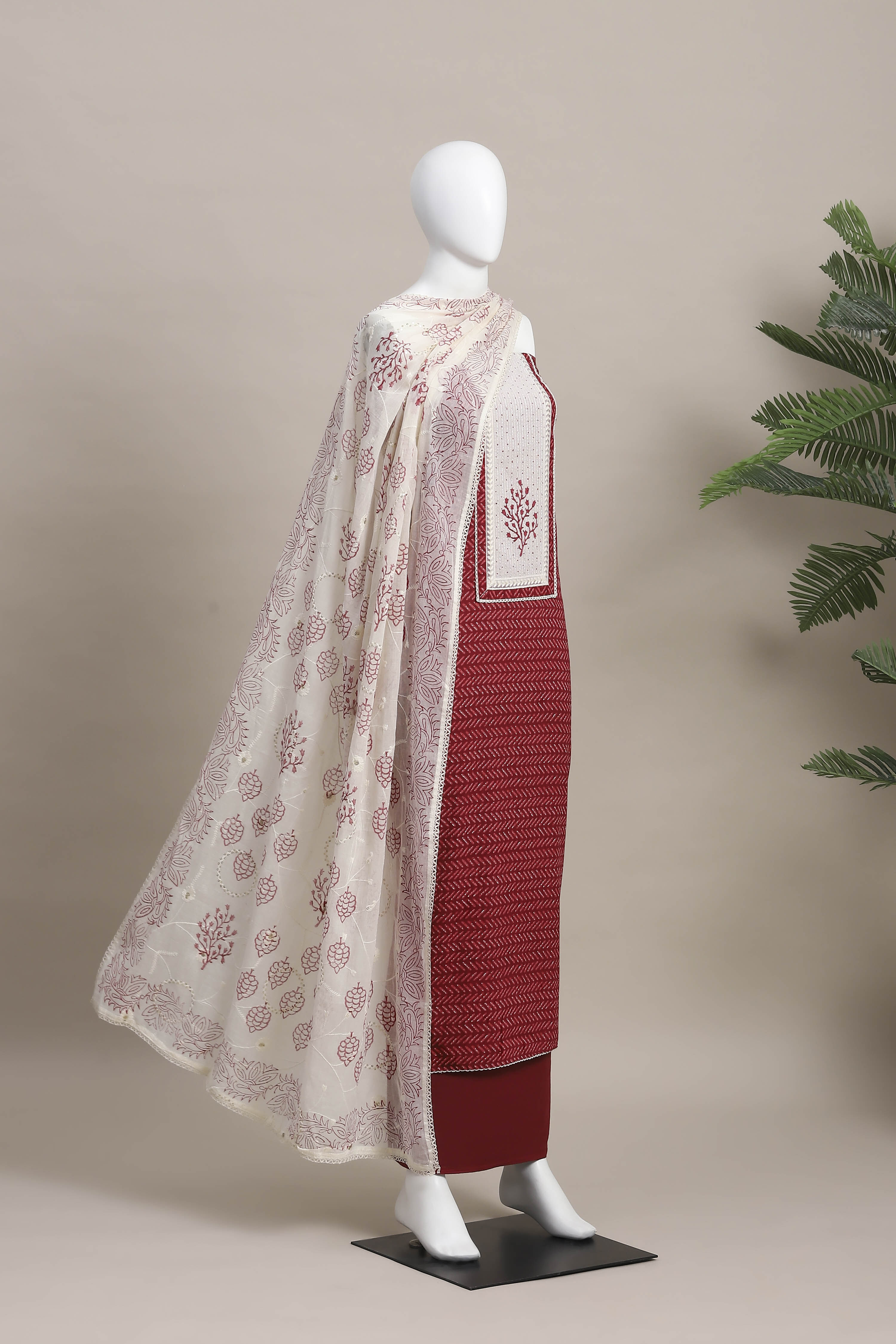 Red Cotton Printed Embroidered Unstitched Suit Set image number 4