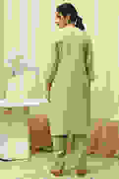 Green Linen Hand Painted Unstitched Suit Set image number 5