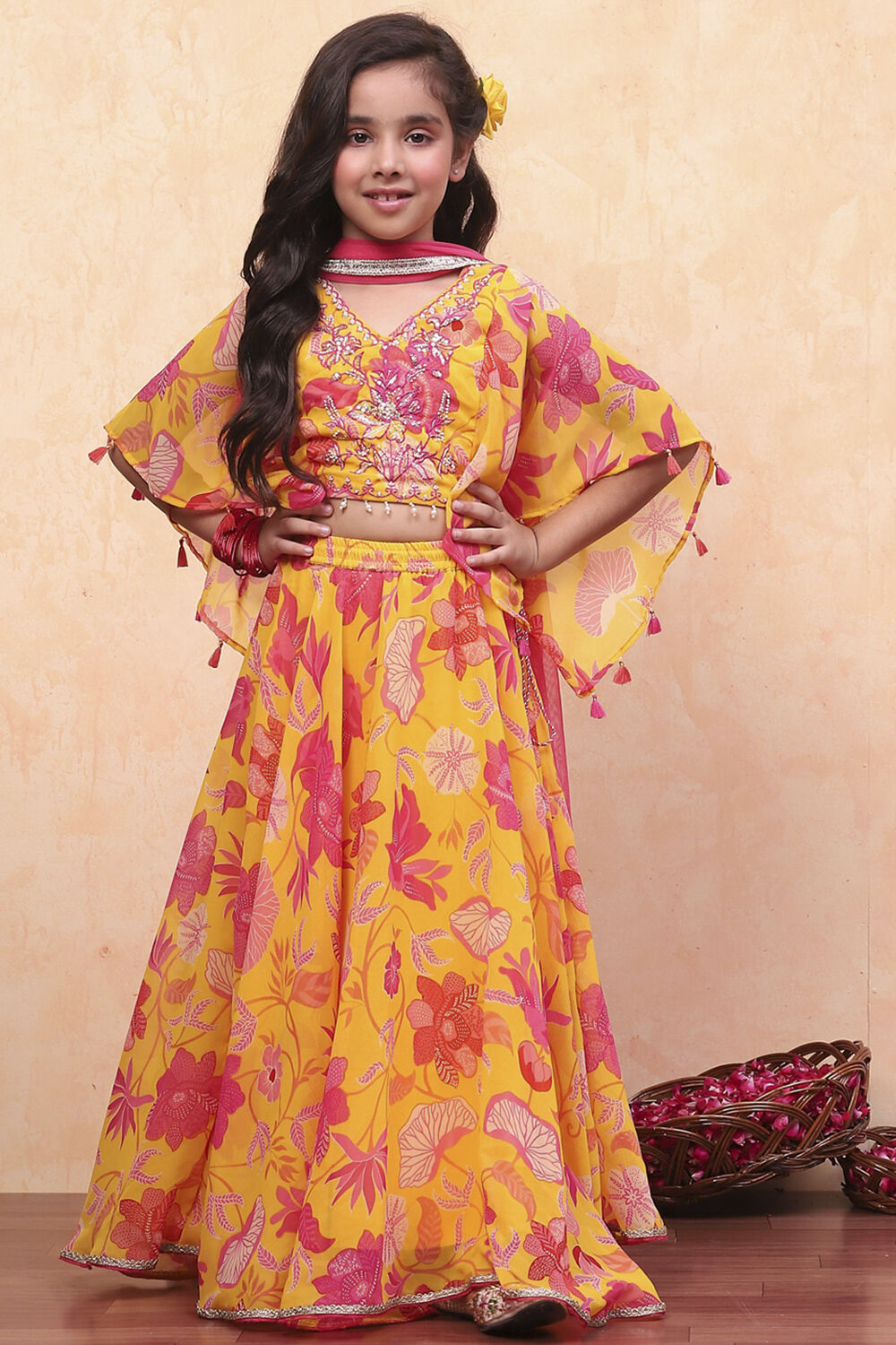 Yellow Polyester Printed Flared Lehenga Set image number 6