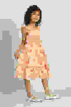 White and Orange Cotton Schiffli Tiered Dress image number 4