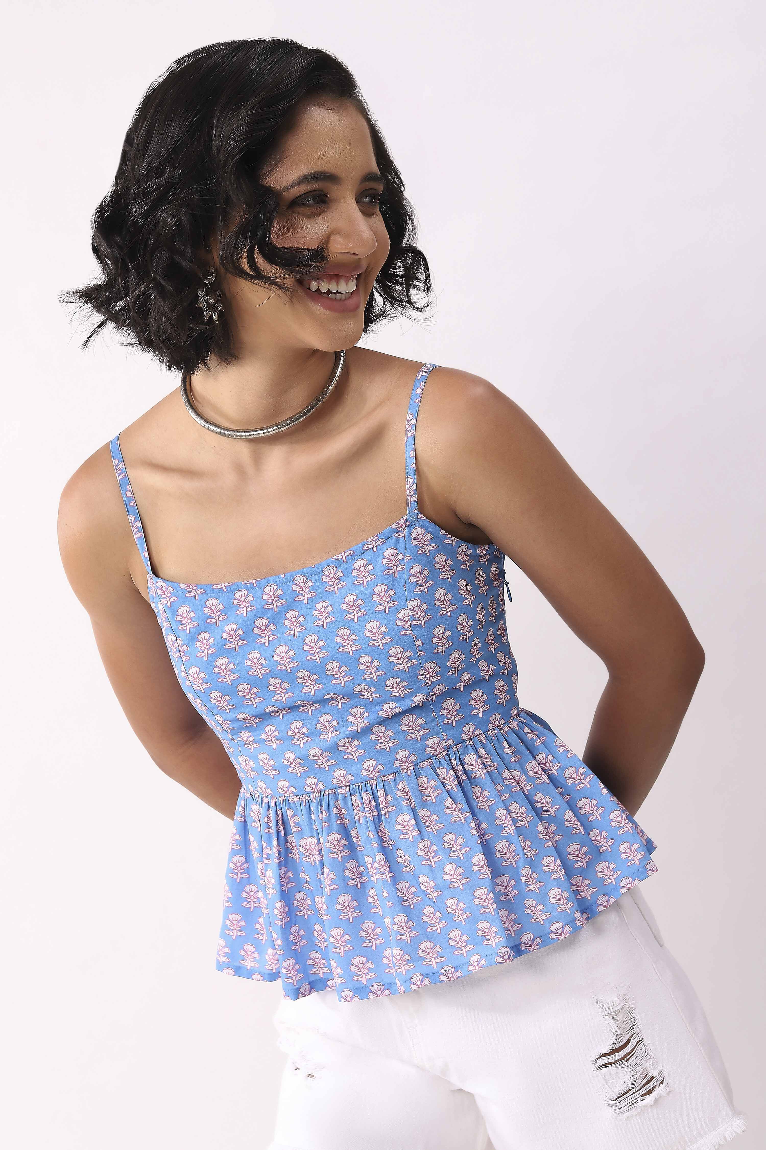 Blue Cotton Printed Tiered Top image number 2
