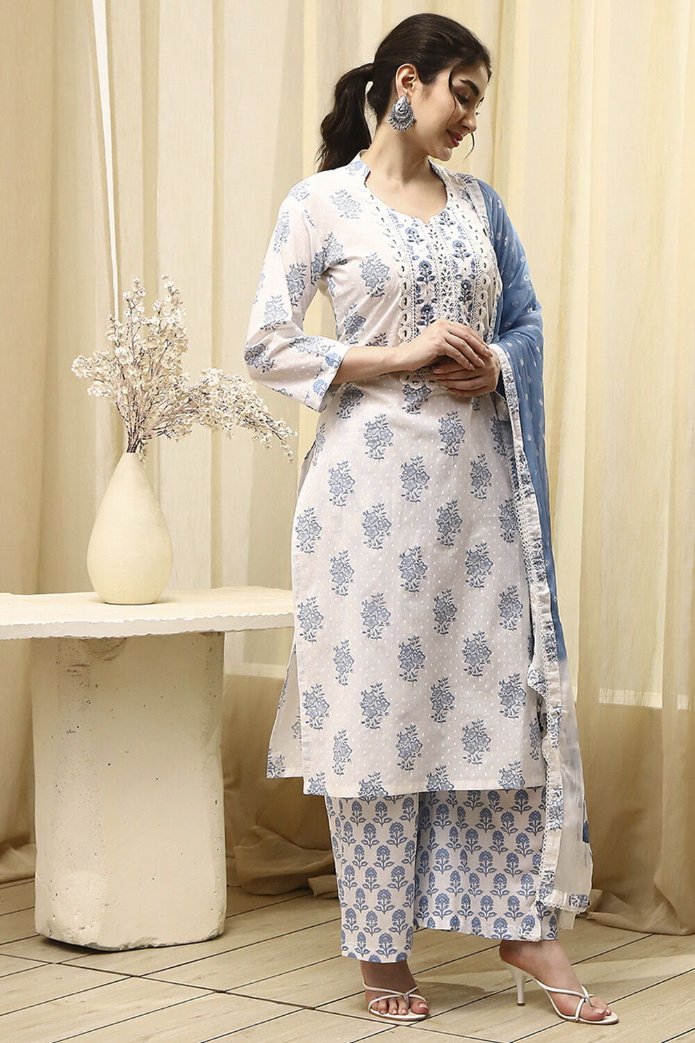 Blue Cotton Hand Embroidered Unstitched Suit Set image number 6