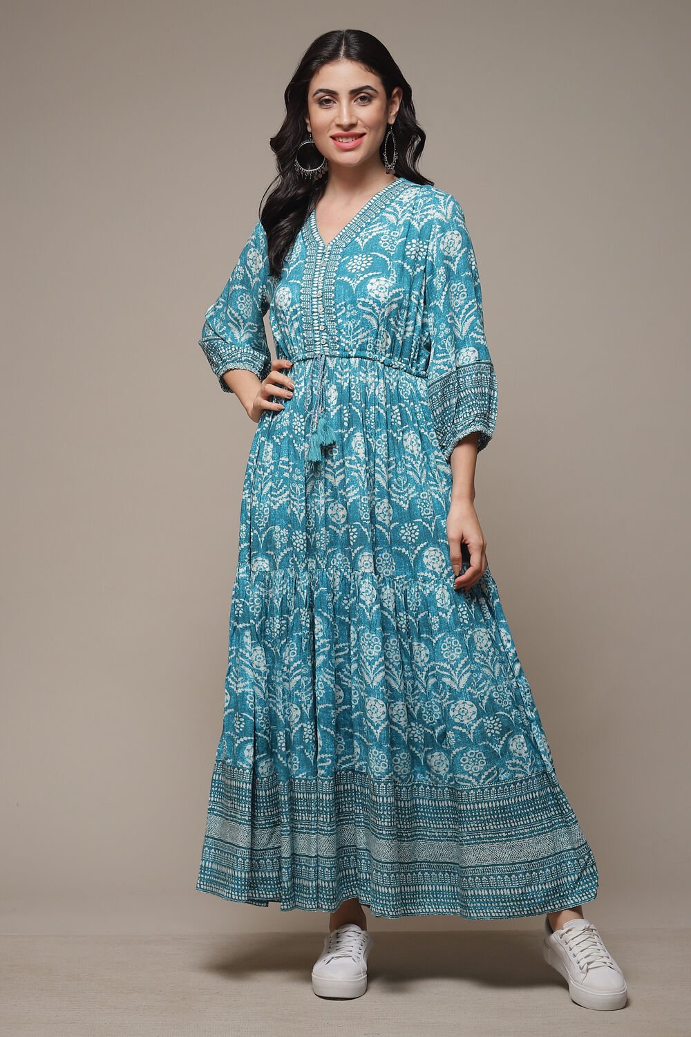 Turquoise Rayon Tiered Dress