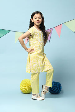 Lemon Yellow Cotton A-Line Kurta Regular Pants 2 Piece Set image number 5