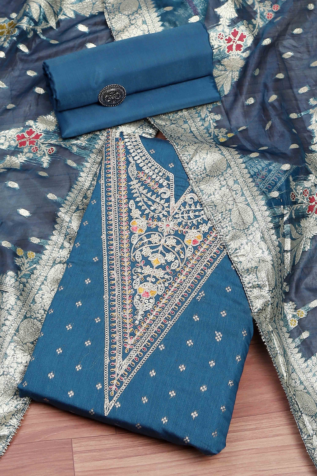 Blue Tissue Chanderi Embroidered Unstitched Suit Set
