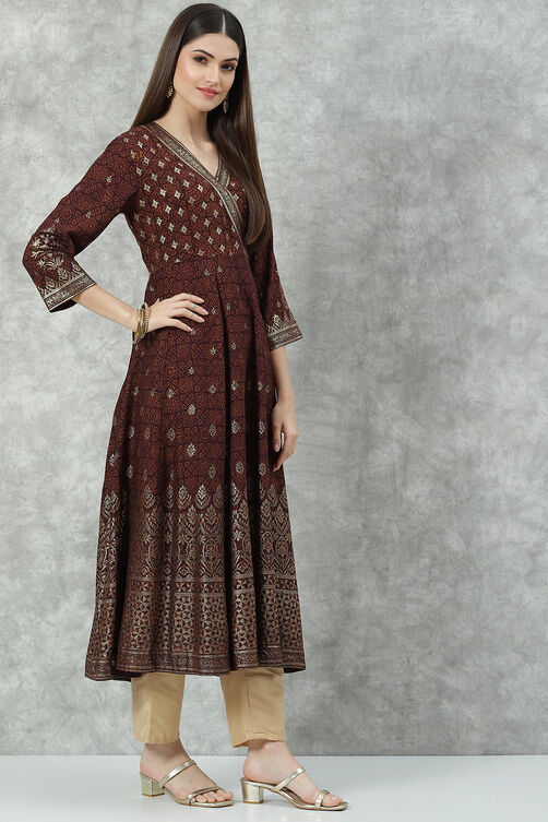 Brown Rayon Flared Printed Kurta image number 3