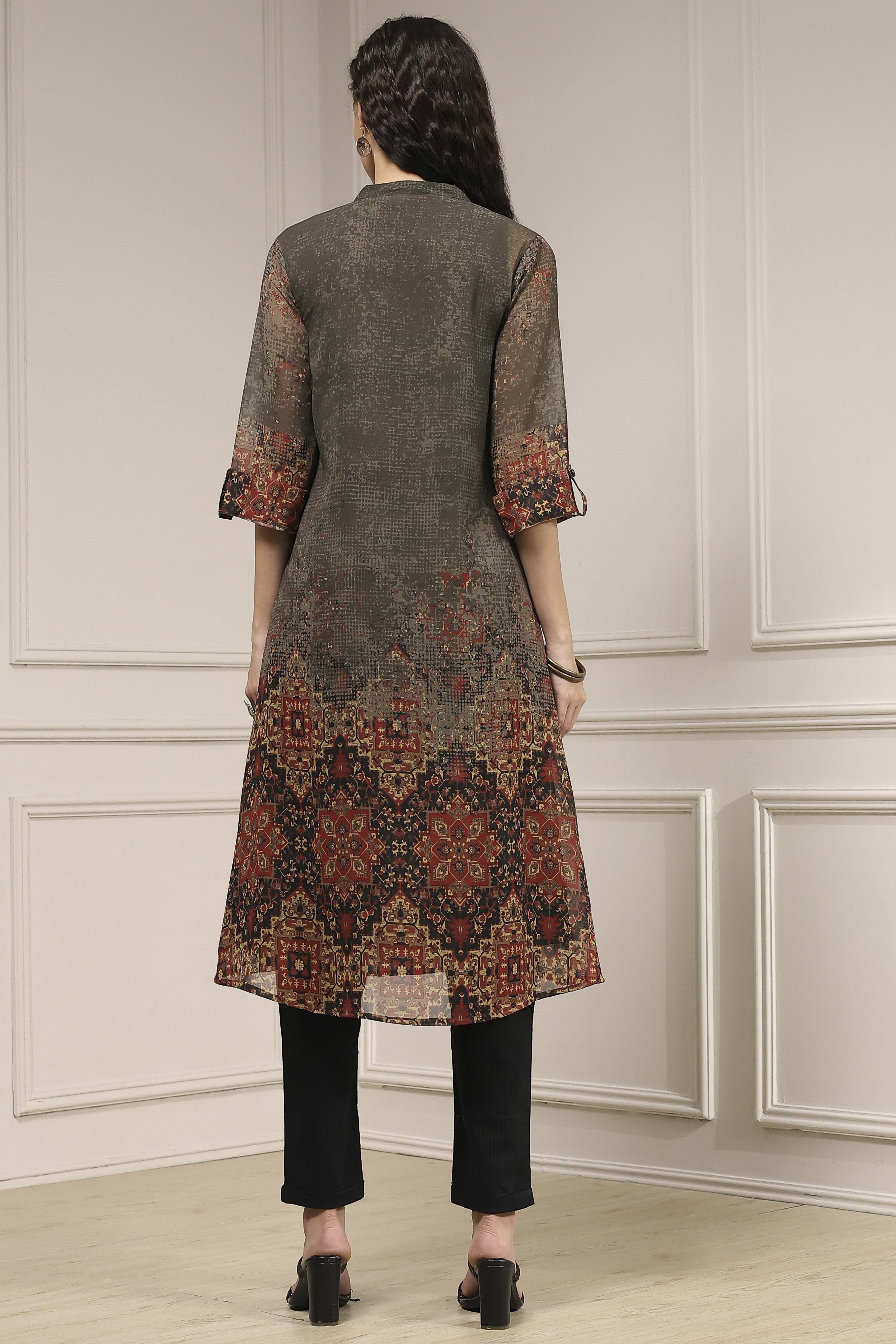 Charcoal and Rust Printed Pleated A-Line Kurta image number 3