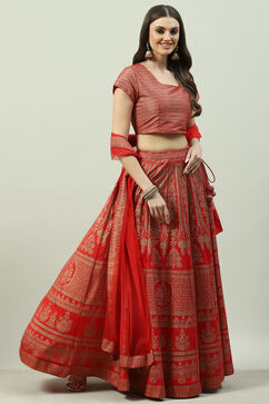 Tomato Red Art Silk Lehenga Set image number 3