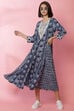 Blue Rayon Flared Lace Printed Dress