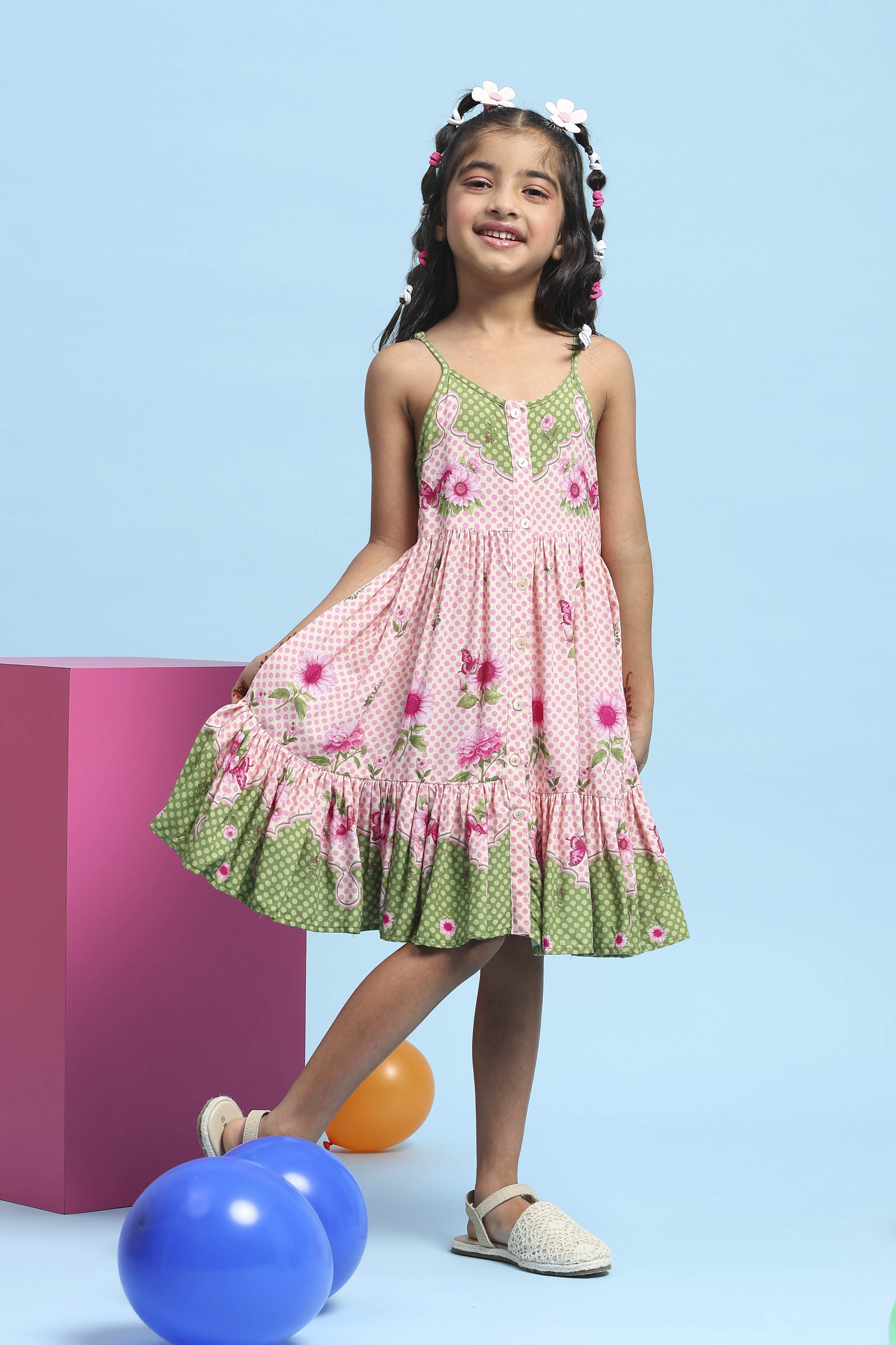 Pink Printed Strappy Tiered Dress image number 4