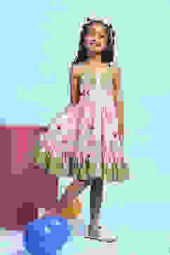 Pink Viscose Rayon Printed Tiered Dress image number 4