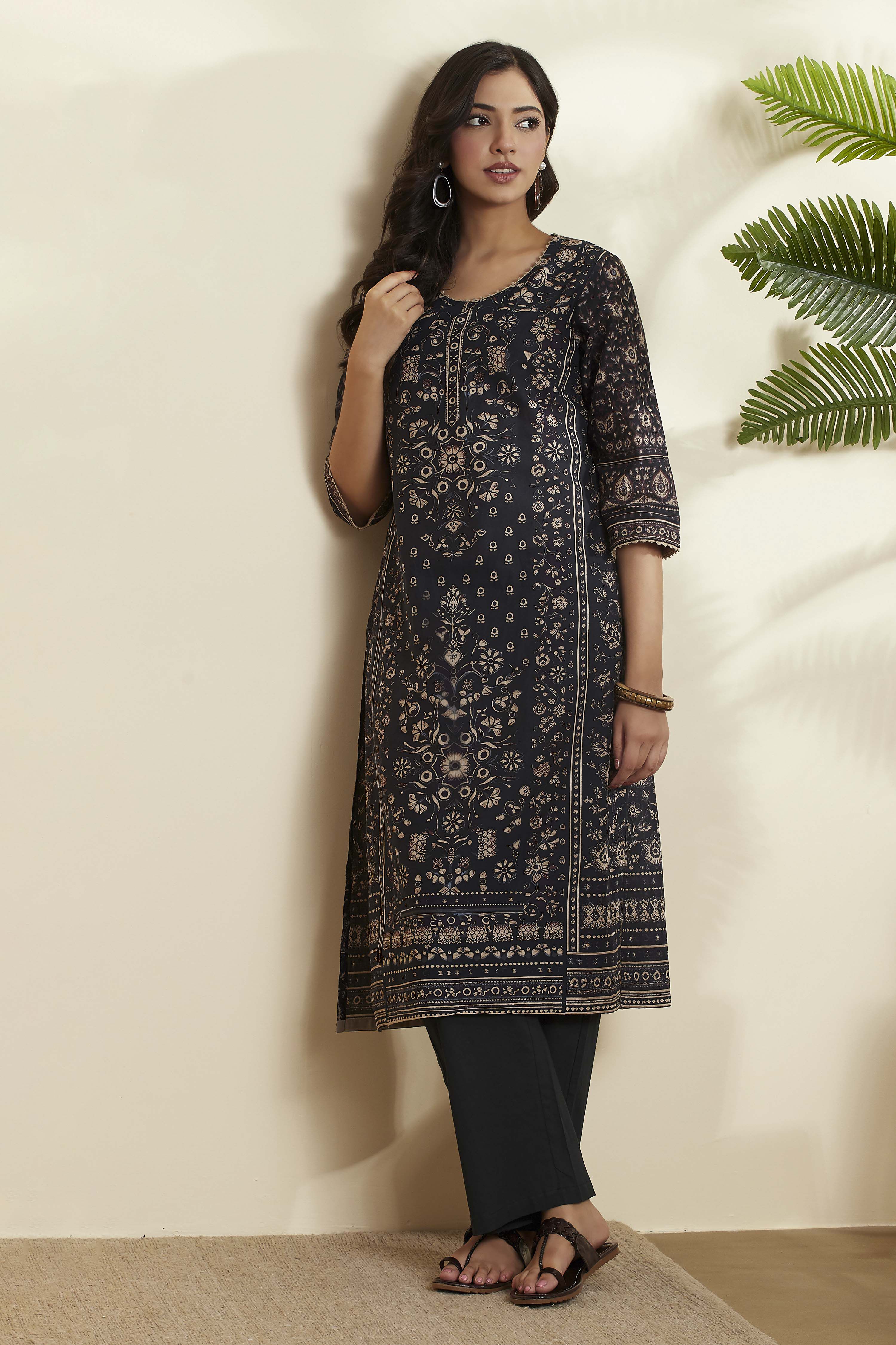Black Cotton Straight Kurta image number 0