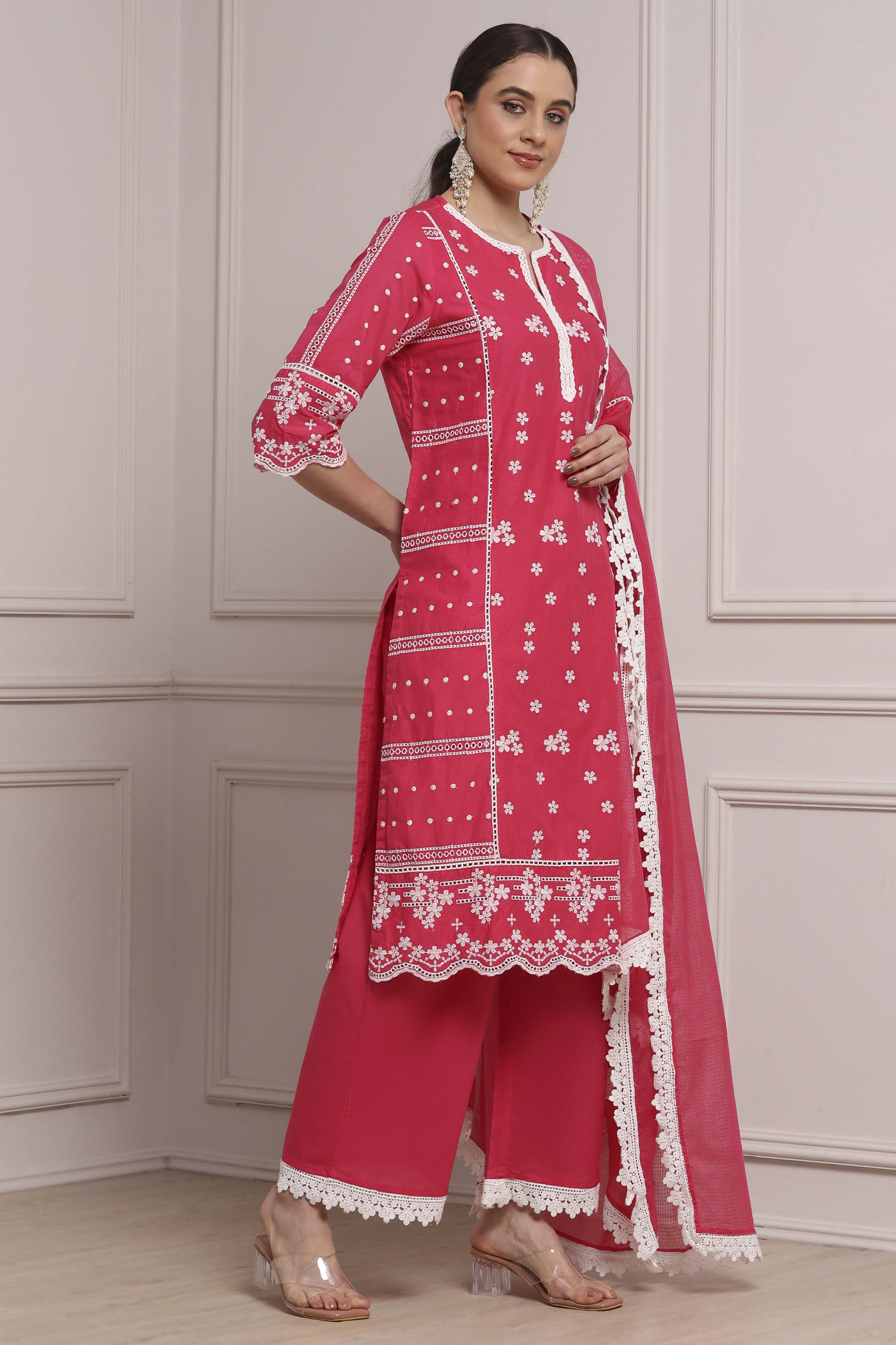 Fuchsia Cotton Embroidered Straight Suit Set image number 5