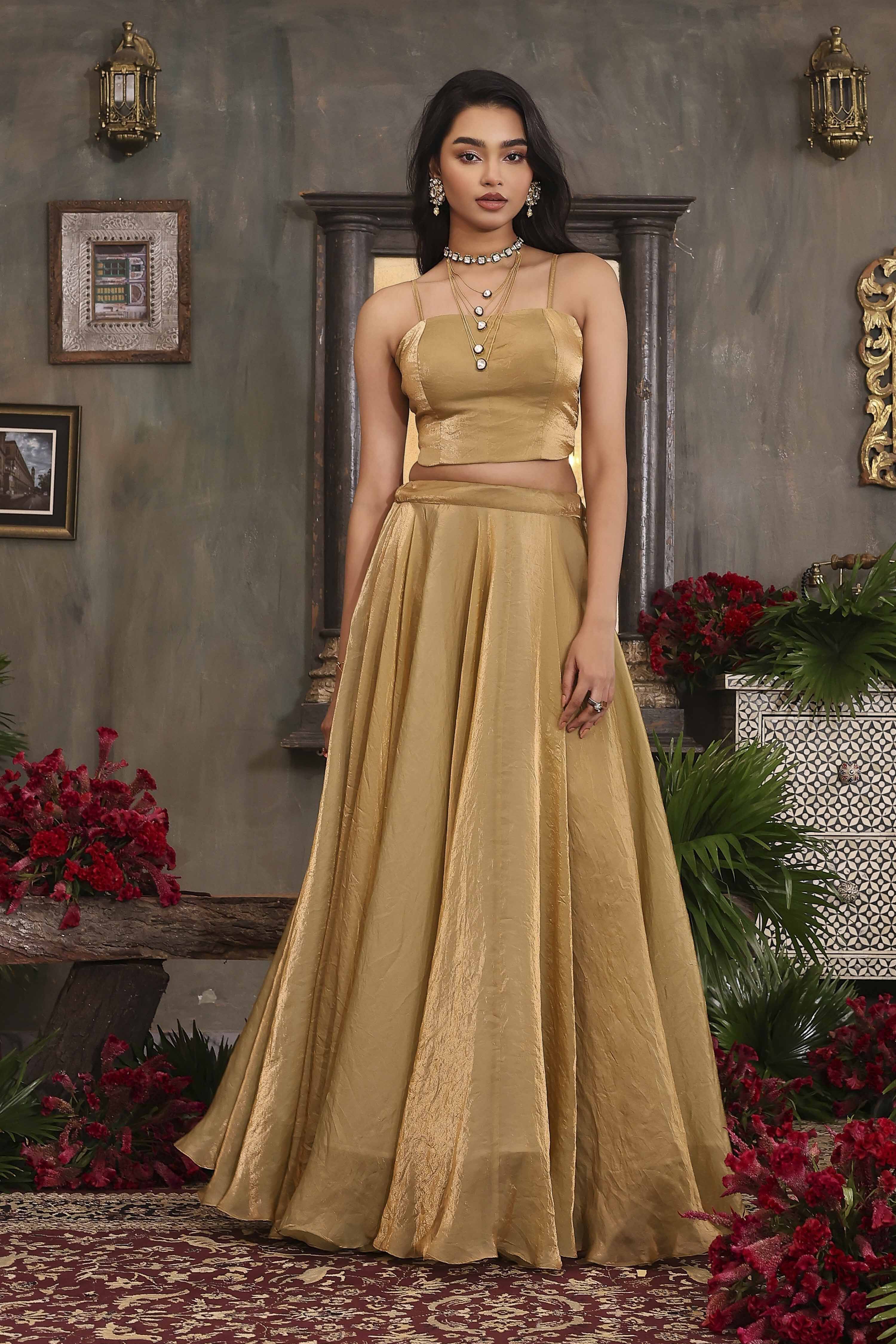 Gold Toned Art Silk Solid Lehenga Set With Jacket image number 7