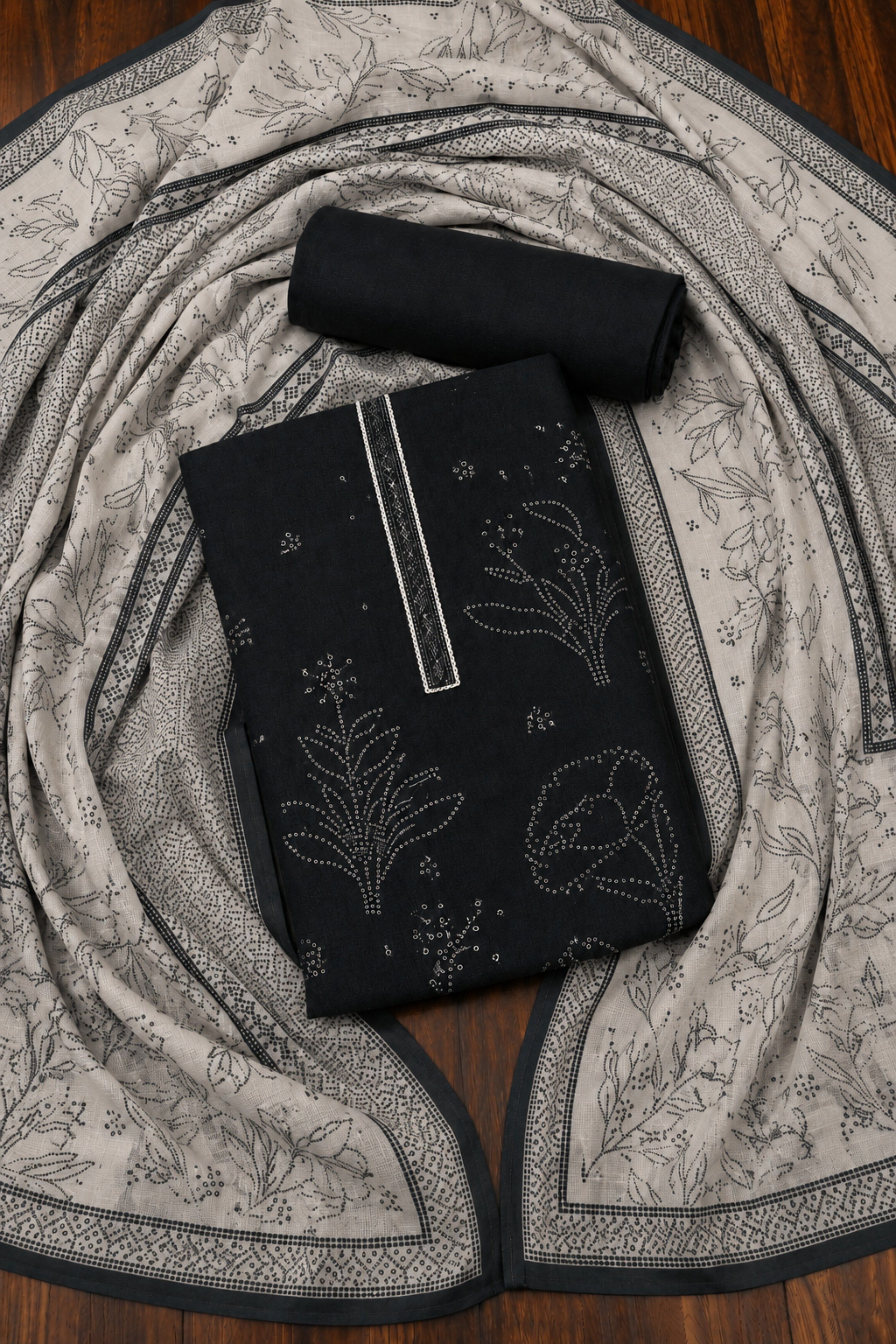 Blue Linen Modern Print With Work Unstitched Suit Set image number 1