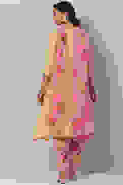 Yellow And Pink Poly Viscose Asymmetric Kurta Pant Suit Set image number 4