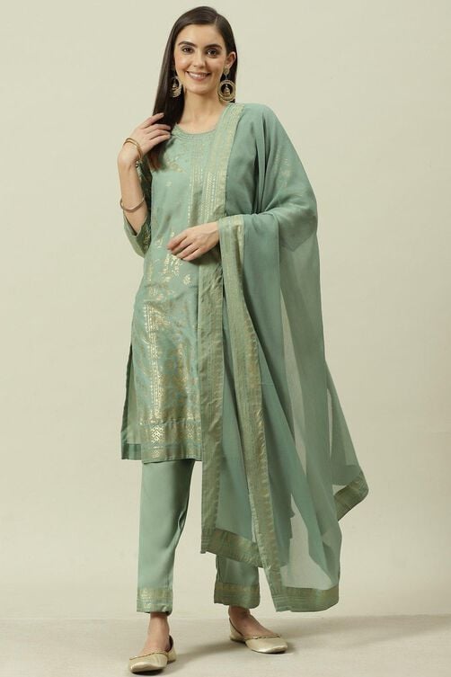 Sage Green Printed Straight Kurta Slim Pants Suit Set image number 0