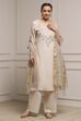 Beige Cotton Linen Yarn-Dyed Embroidered Straight Suit Set image number 6
