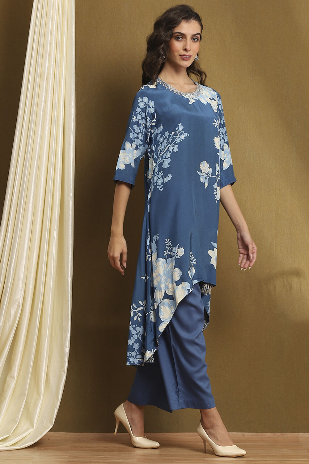 Coral Modal Floral Printed Asymmetric Kurta Set image number 5