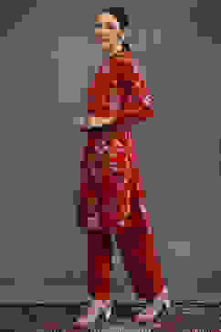 Rohit Bal Red Silk Chanderi Floral Printed Straight Kurta Set image number 3