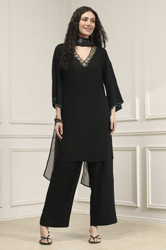 Black Solid Relaxed Straight Suit Set image number 0