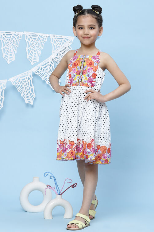 White Cotton Flared Printed Dress image number 2