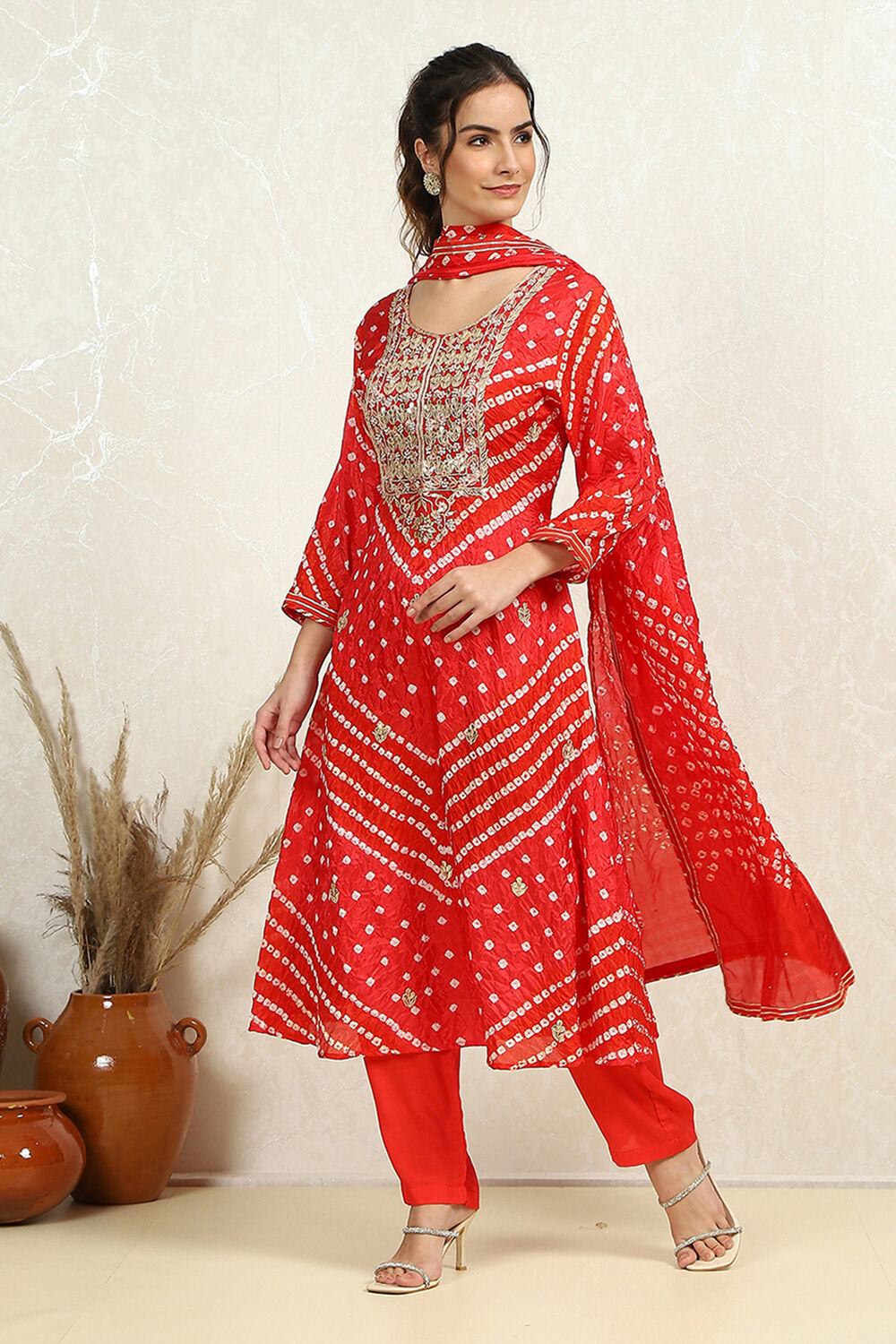 Orange Silk Blend Bandhej Crinkled Unstitched Suit Set image number 5