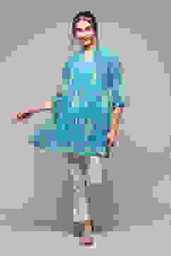 Turquoise Poly Georgette Straight Printed Kurta image number 0