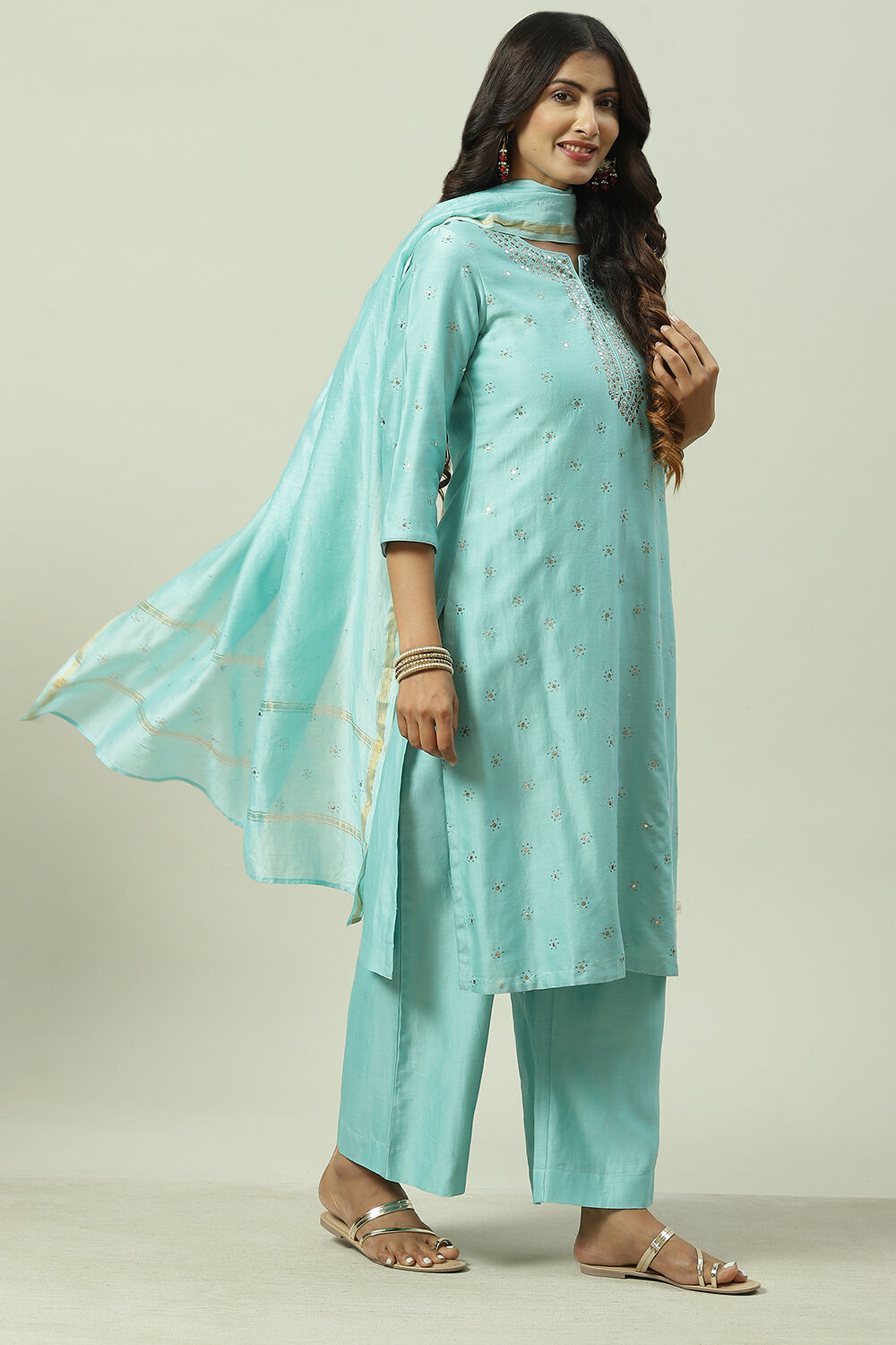 Turquoise Straight Kurta Palazzo Suit Set image number 5
