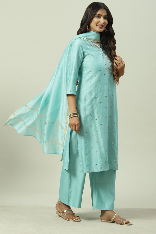 Turquoise Straight Kurta Palazzo Suit Set image number 5