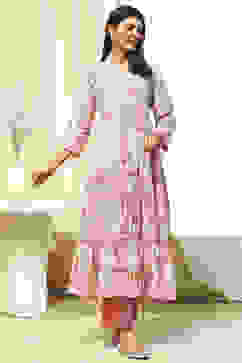 Pink and Off-White Cotton Printed Gathered Kurta Set image number 5