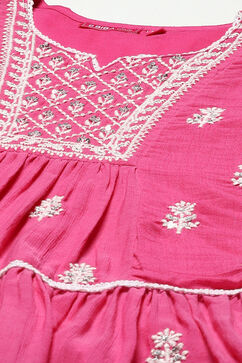 Fuschia Cotton Tiered Kurta Straight Palazzo 2 Piece Set image number 1