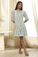 Blue Cotton Floral Printed Tiered Dress image number 5