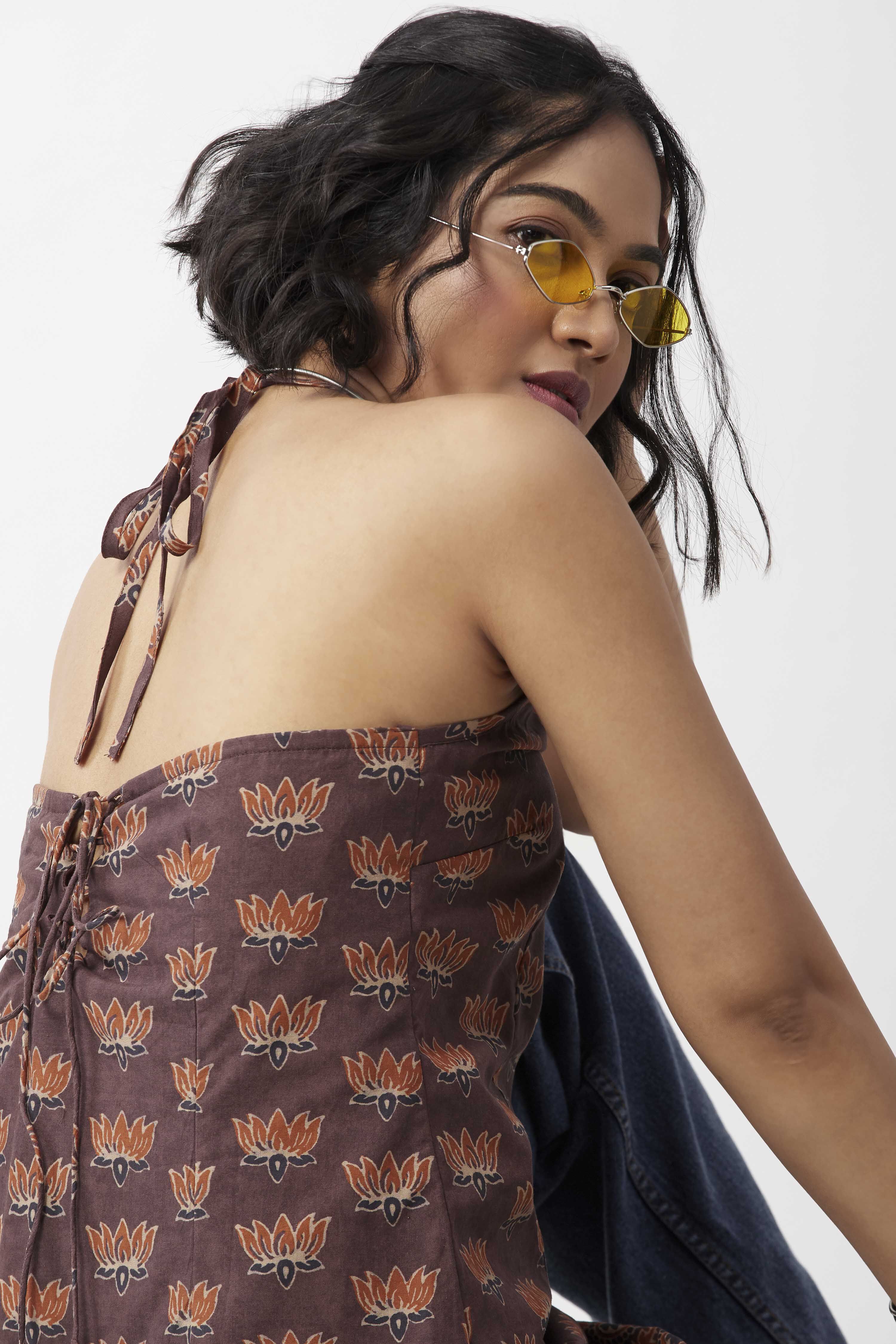 Brown Cotton Floral Printed Halter Kurti image number 1