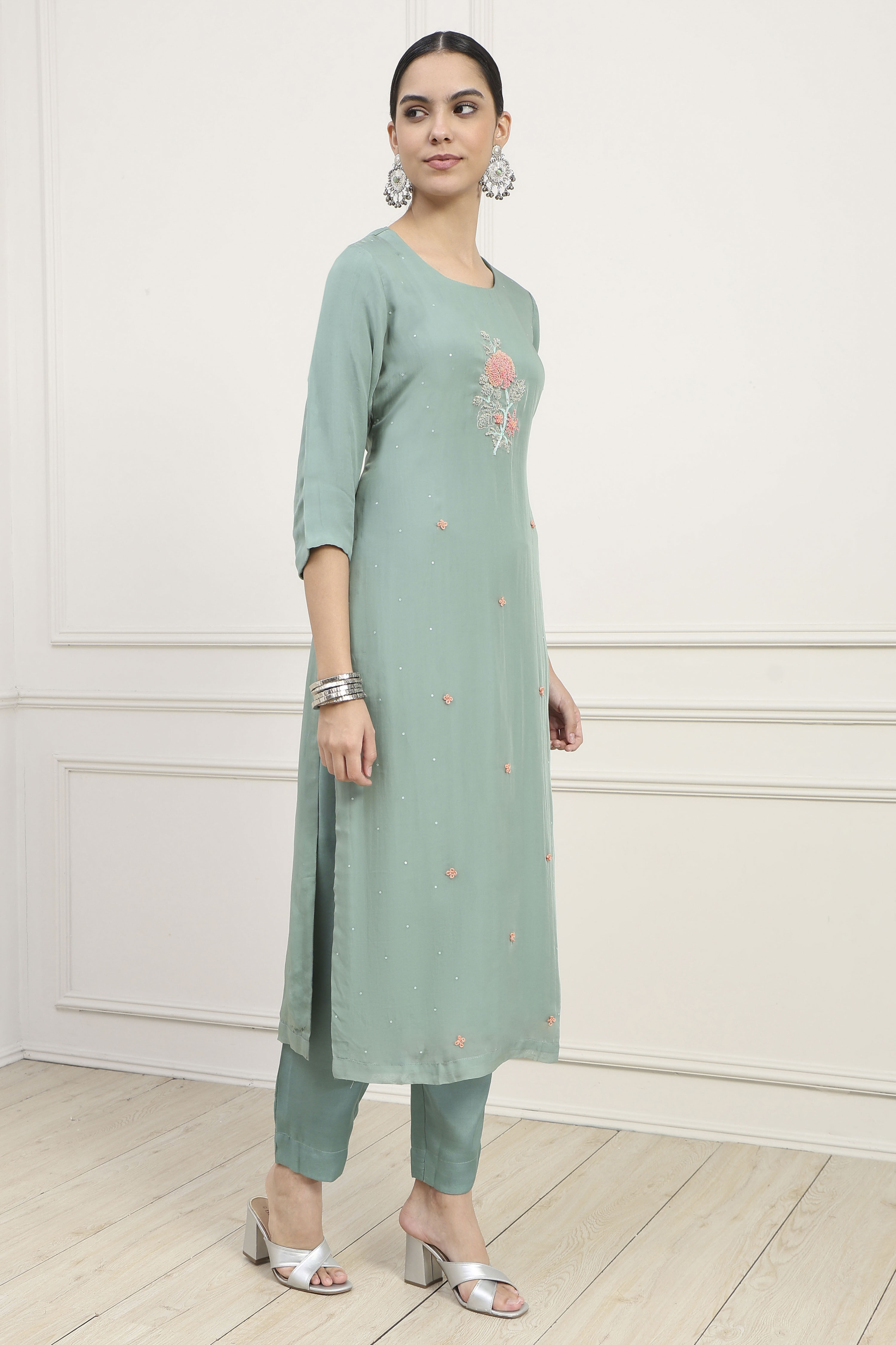 Dull Green Viscose Organza Hand Embroidered Unstitched Suit Set image number 6