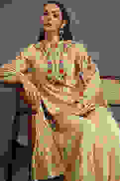 Rohit Bal Beige Silk Chanderi Floral Straight Suit Set image number 1