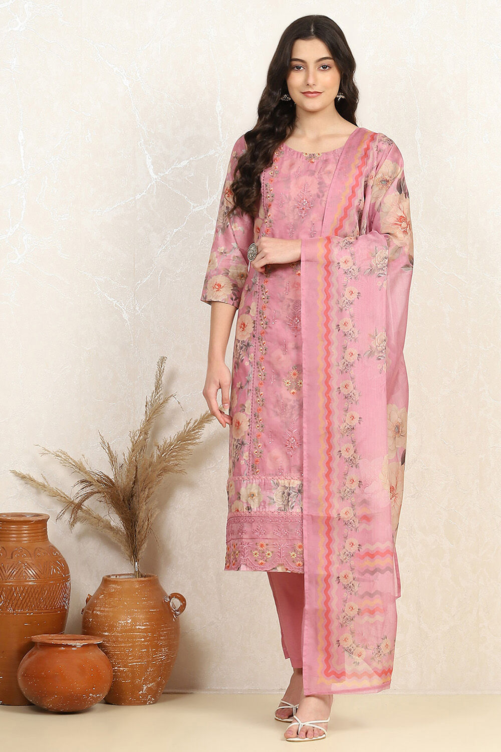 Orange Muslin Unstitched Suit Set image number 7