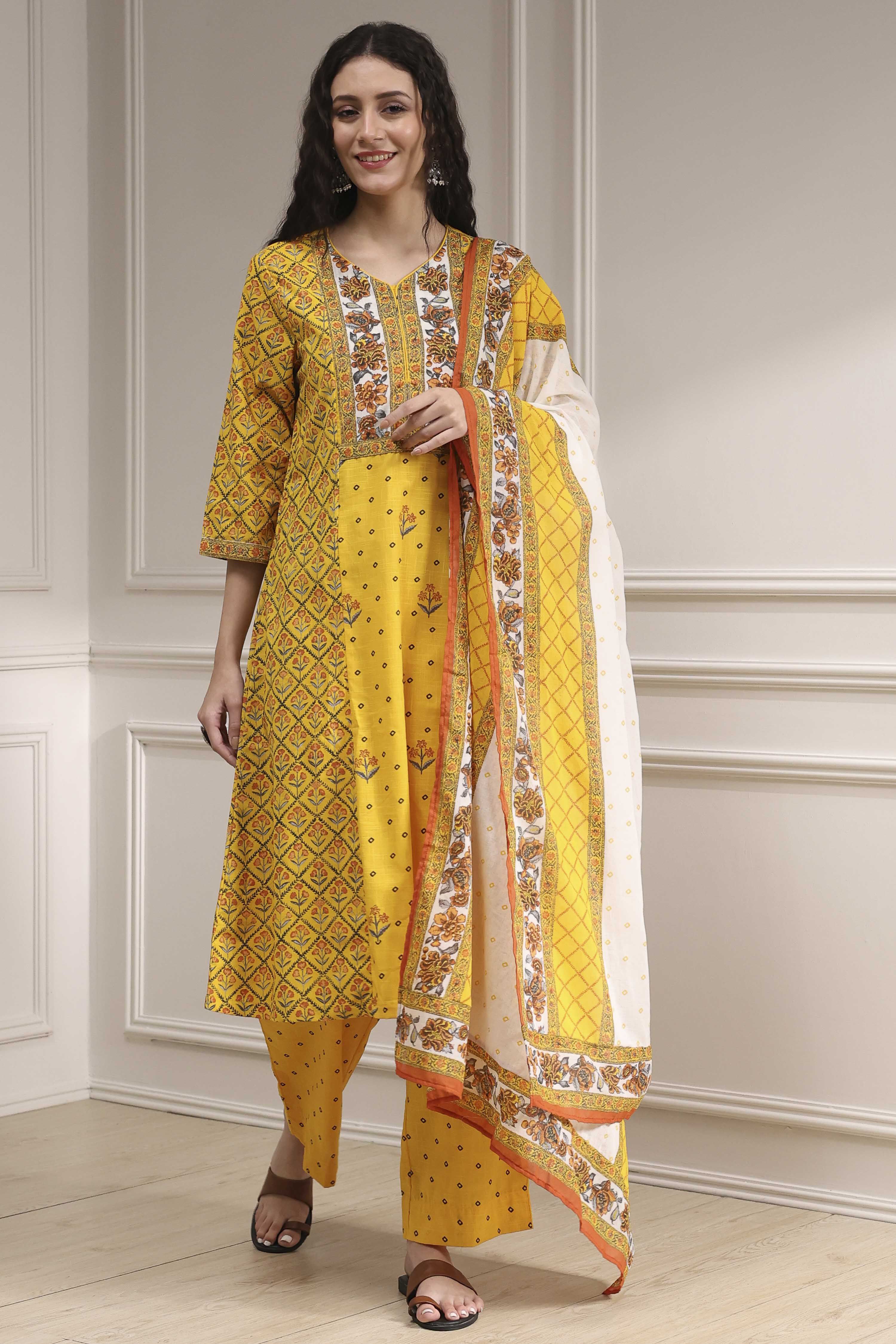 Beige Cotton Printed A-Line Suit Set image number 0